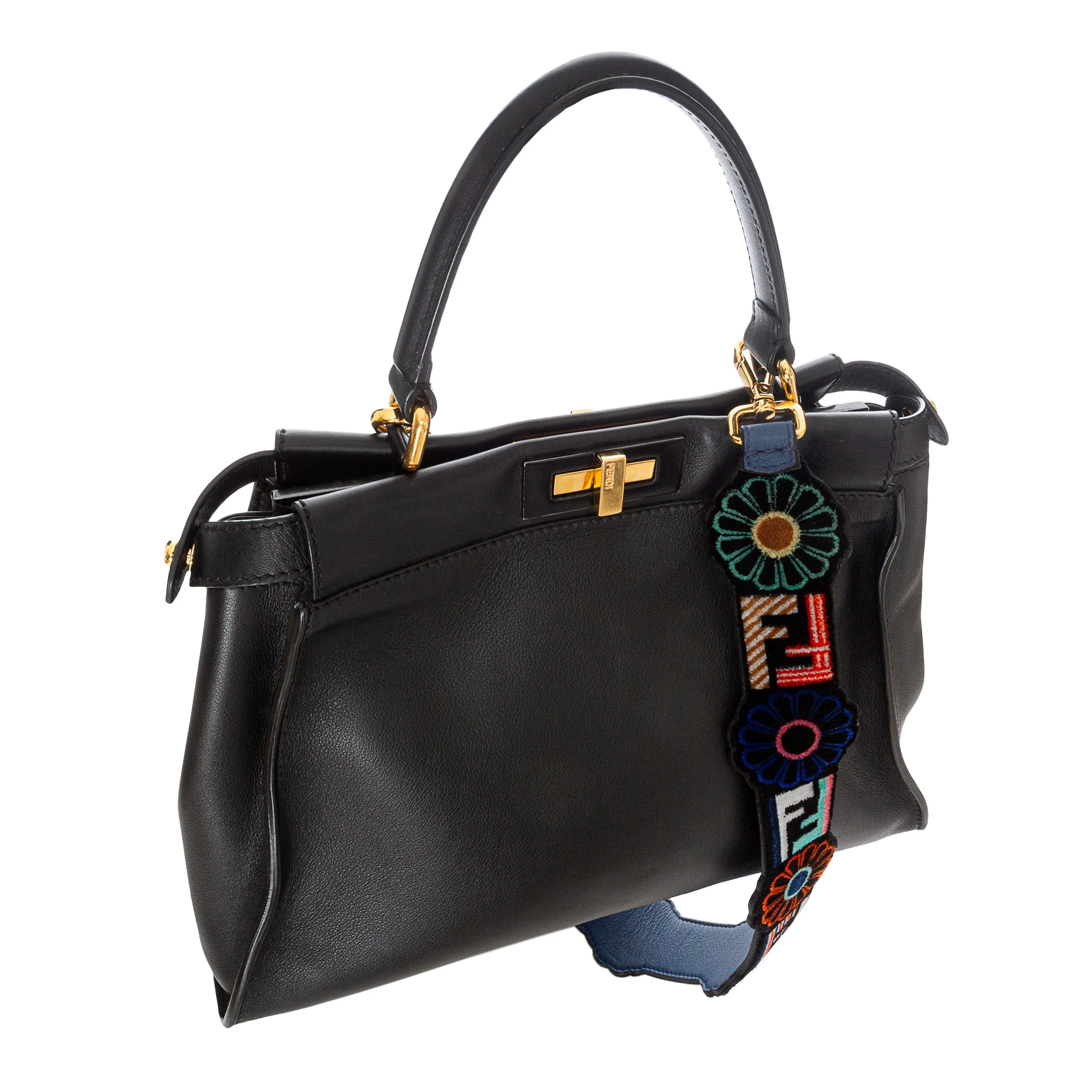 Medium Peekaboo Black Leather Floral Strap Two-Way Bag