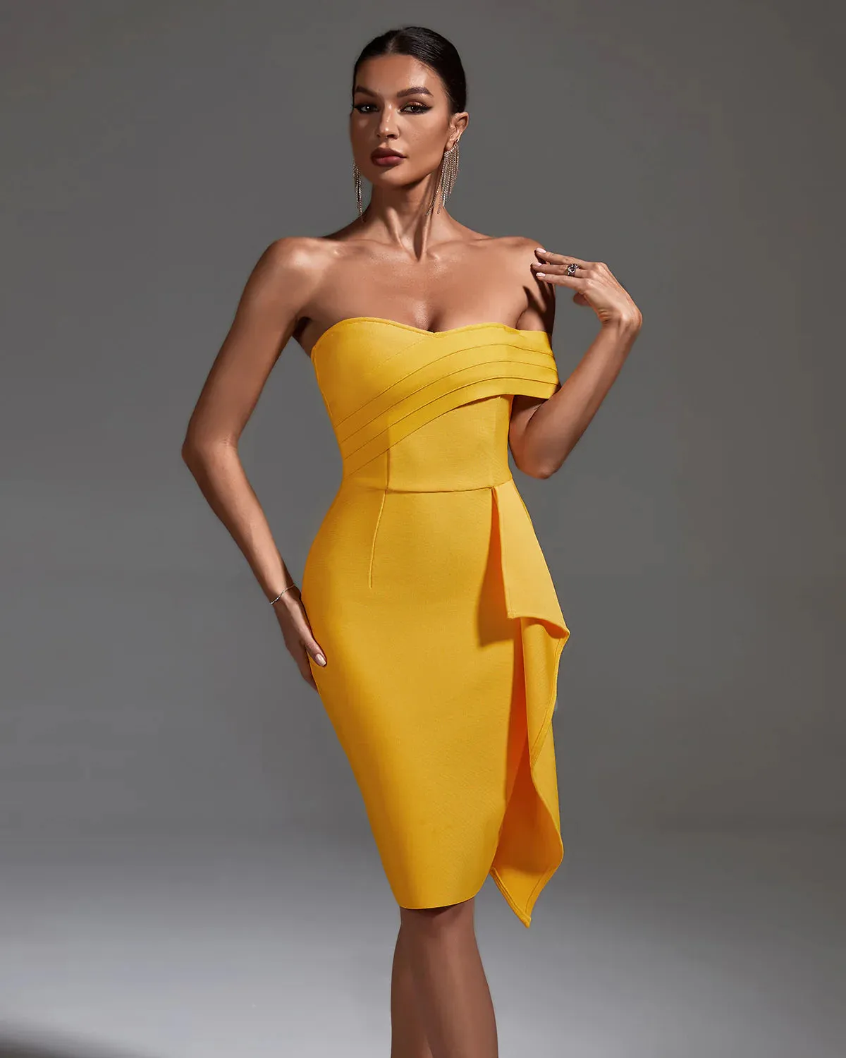 MELODIA Off Shoulder Ruffled Midi Bandage Dress