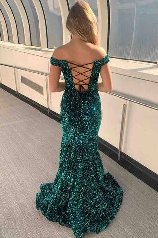 Mermaid Off the Shoulder Sleeveless Long Floor Length Velvet Sequin Prom Dress (AF1102)