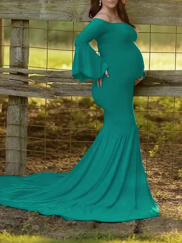 Momnfancy Draped For Babyshower Off Shoulder Long Sleeve Maternity Dress