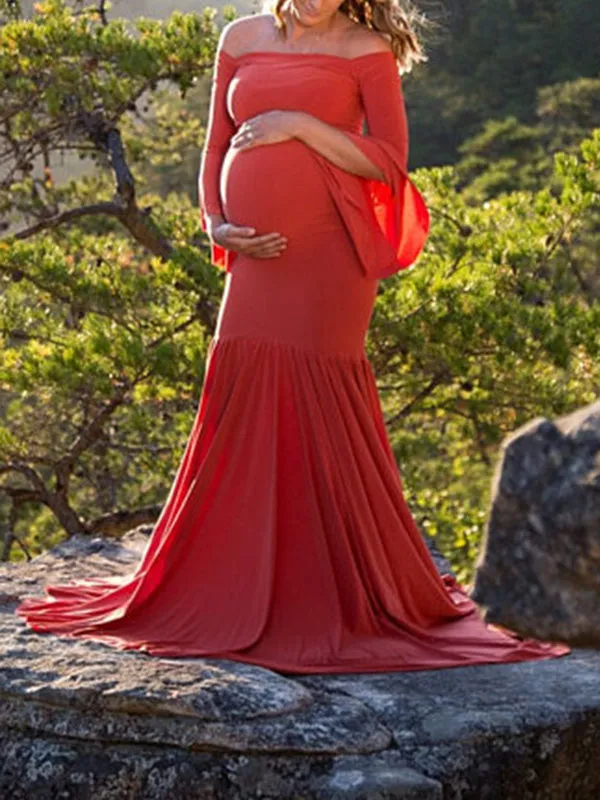 Momnfancy Draped For Babyshower Off Shoulder Long Sleeve Maternity Dress