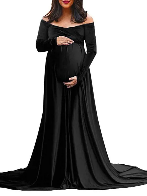 Momnfancy Pleuche Off Shoulder Long Sleeve Babyshower Mermaid Maternity Dress