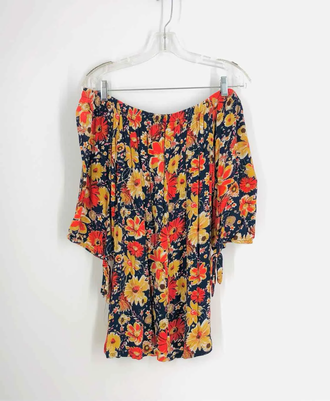 MPH Collection Size 1X Navy/Orange Off the Shoulder Floral Top-3/4 Sleeve-Plus