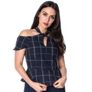 Navy Blue Check Print Cold Shoulder Halter Top