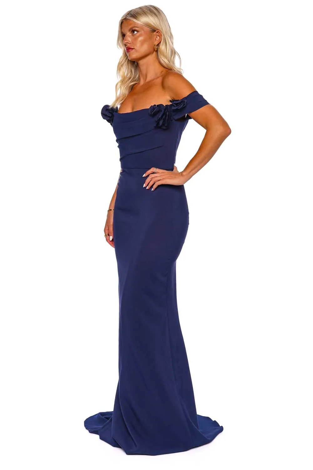 Navy Off Shoulder Stretch Crepe Gown