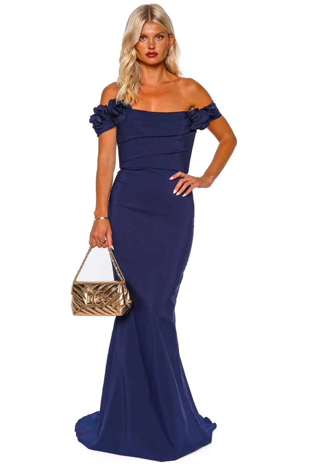 Navy Off Shoulder Stretch Crepe Gown