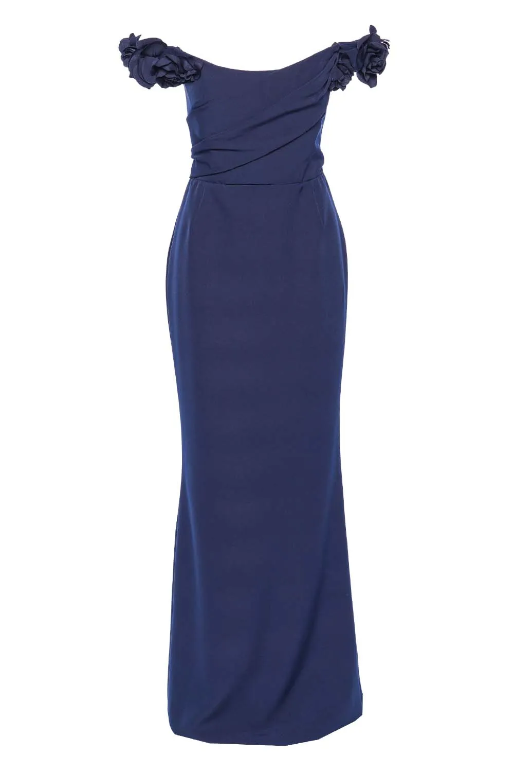 Navy Off Shoulder Stretch Crepe Gown