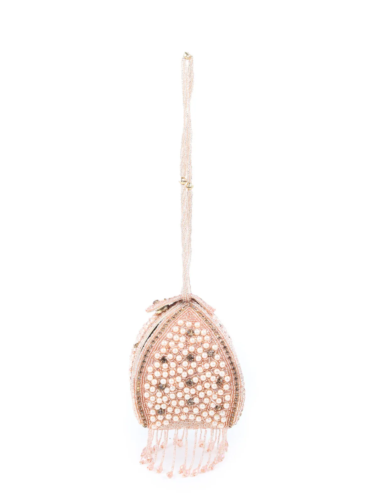 Odette Peach Pearl and Stone Embellished Clutch for Women