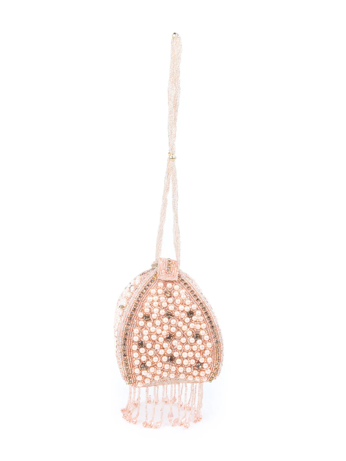 Odette Peach Pearl and Stone Embellished Clutch for Women