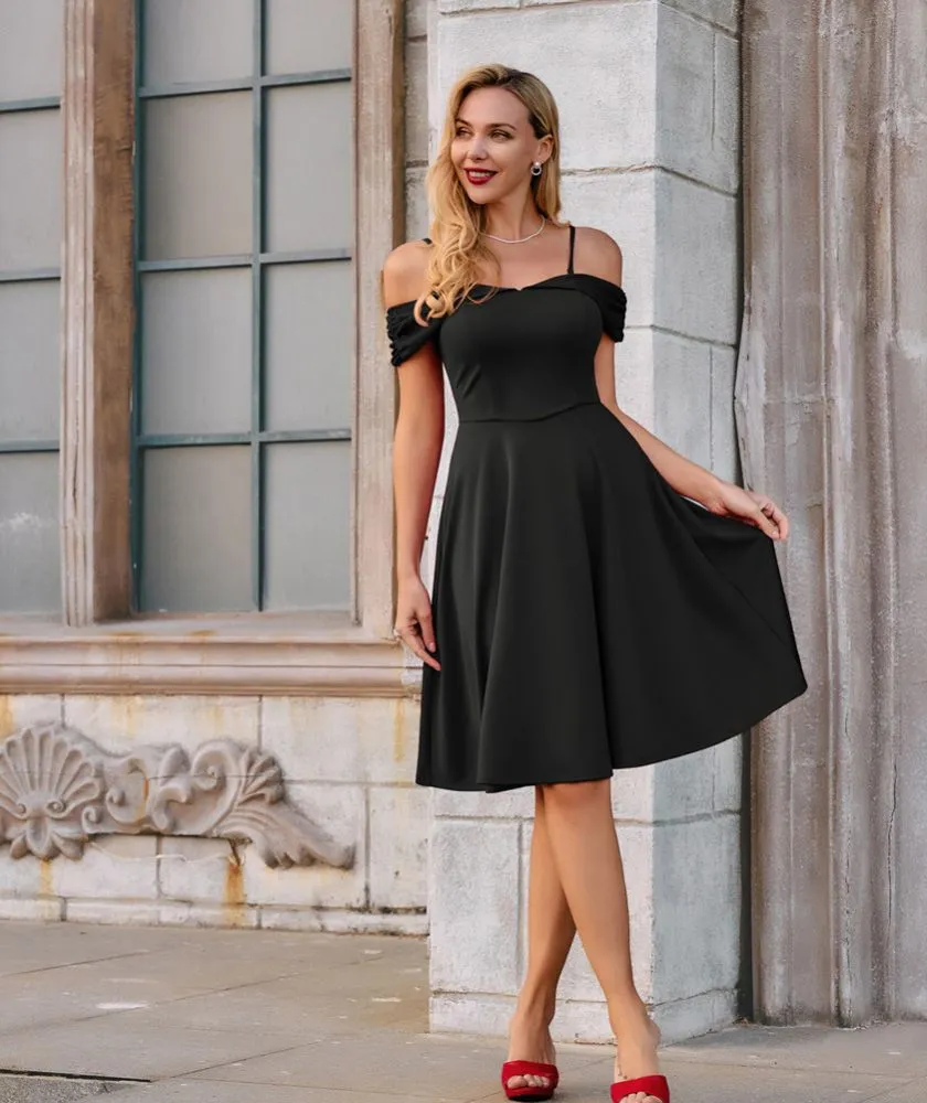 Certainly! Heres an optimized title for the e-commerce product:

Elegant Off-Shoulder Flared A-Line Slip Dress with Spaghetti Straps