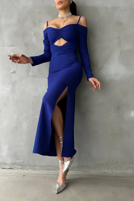 Off-shoulder Long Slit Midi Dress - Midnight Blue