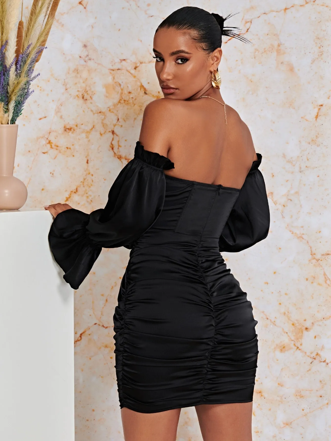 Off the Shoulder Flounce Sleeve Ruched Satin Bodycon Dress