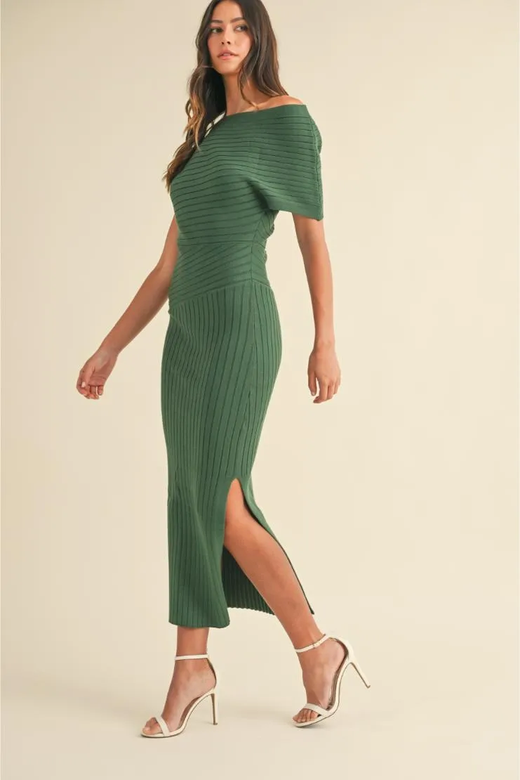 Patricia Knit Ribbed One Shoulder Midi Dress - Green