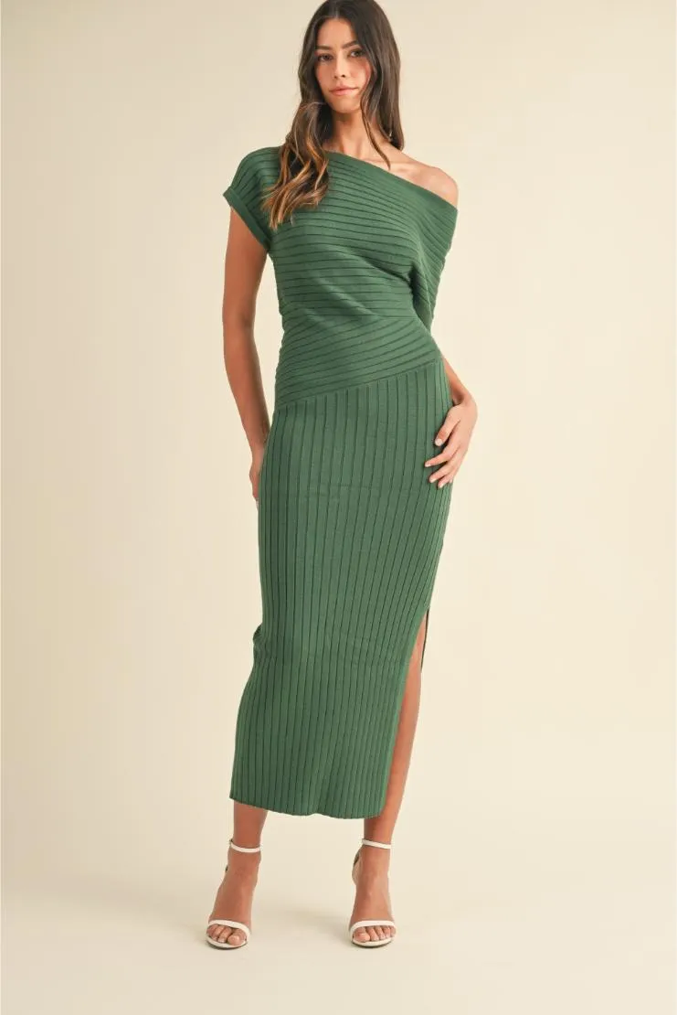 Patricia Knit Ribbed One Shoulder Midi Dress - Green