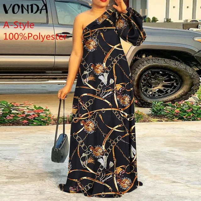 Plus Size Holiday One Shoulder Sundress Women Maxi Dress 2021 VONDA Long Sleeve Floral Printed Pleated Long Dress Casual Vestido