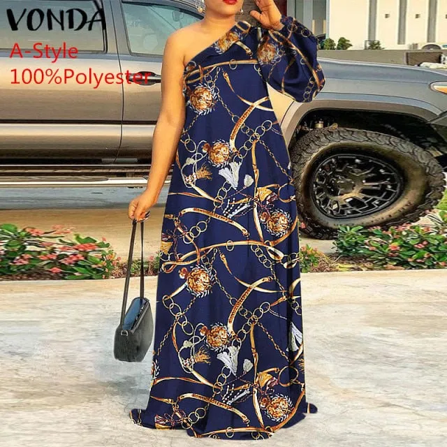 Plus Size Holiday One Shoulder Sundress Women Maxi Dress 2021 VONDA Long Sleeve Floral Printed Pleated Long Dress Casual Vestido