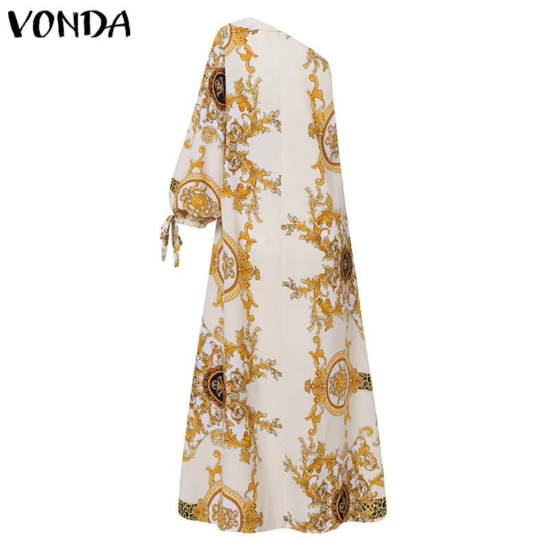 Plus Size Holiday One Shoulder Sundress Women Maxi Dress 2021 VONDA Long Sleeve Floral Printed Pleated Long Dress Casual Vestido