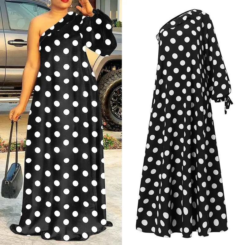 Plus Size Holiday One Shoulder Sundress Women Maxi Dress 2021 VONDA Long Sleeve Floral Printed Pleated Long Dress Casual Vestido