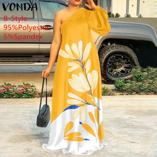 Plus Size Holiday One Shoulder Sundress Women Maxi Dress 2021 VONDA Long Sleeve Floral Printed Pleated Long Dress Casual Vestido