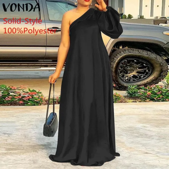 Plus Size Holiday One Shoulder Sundress Women Maxi Dress 2021 VONDA Long Sleeve Floral Printed Pleated Long Dress Casual Vestido