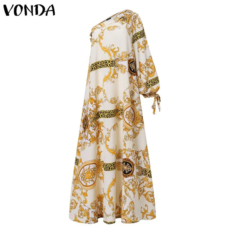 Plus Size Holiday One Shoulder Sundress Women Maxi Dress 2021 VONDA Long Sleeve Floral Printed Pleated Long Dress Casual Vestido