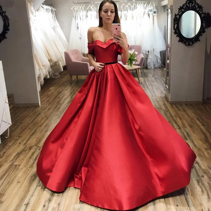 Red Ball Gown Off the Shoulder V Neck Satin Prom Dresses, Evening STK20432