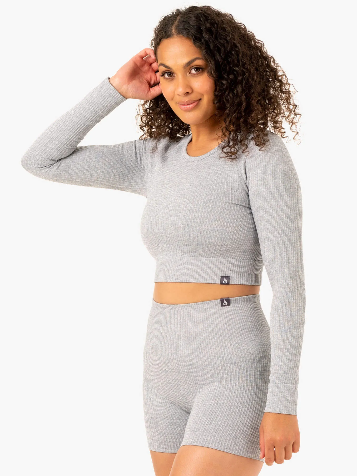 Rib Seamless Long Sleeve Top - Light Grey Marl