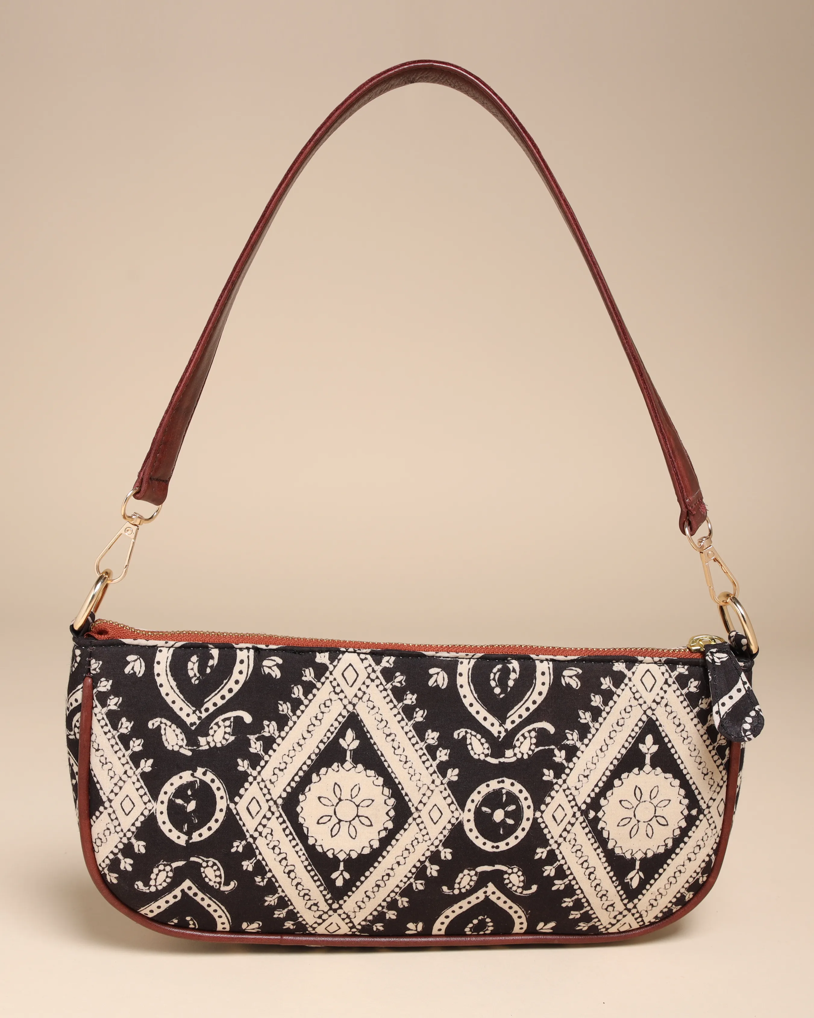 Sable Black Cotton Blockprinted Mini Baguette Bag