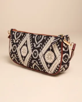 Sable Black Cotton Blockprinted Mini Baguette Bag