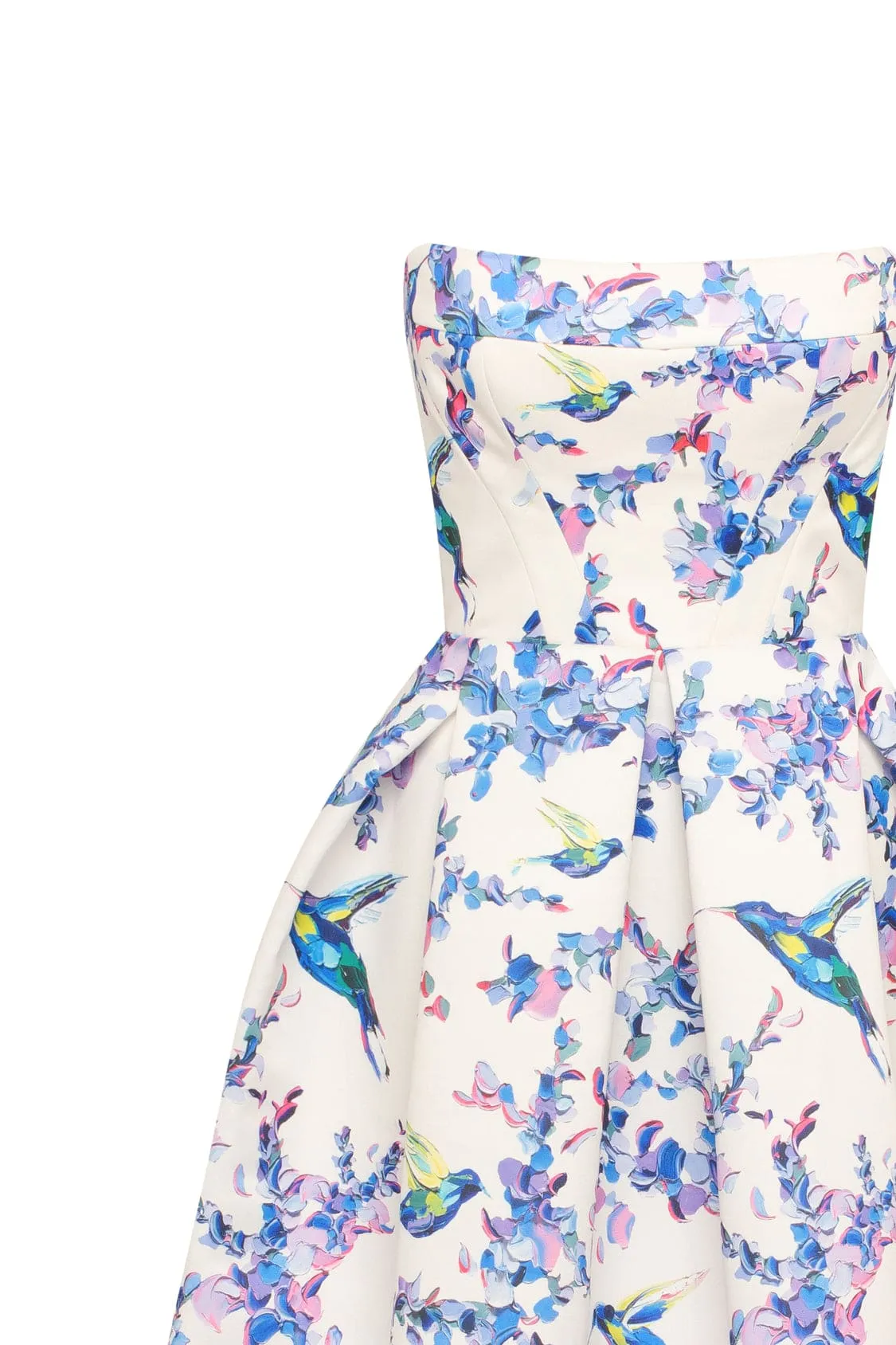 Strapless midi dress with bird and flower print, Garden of Eden