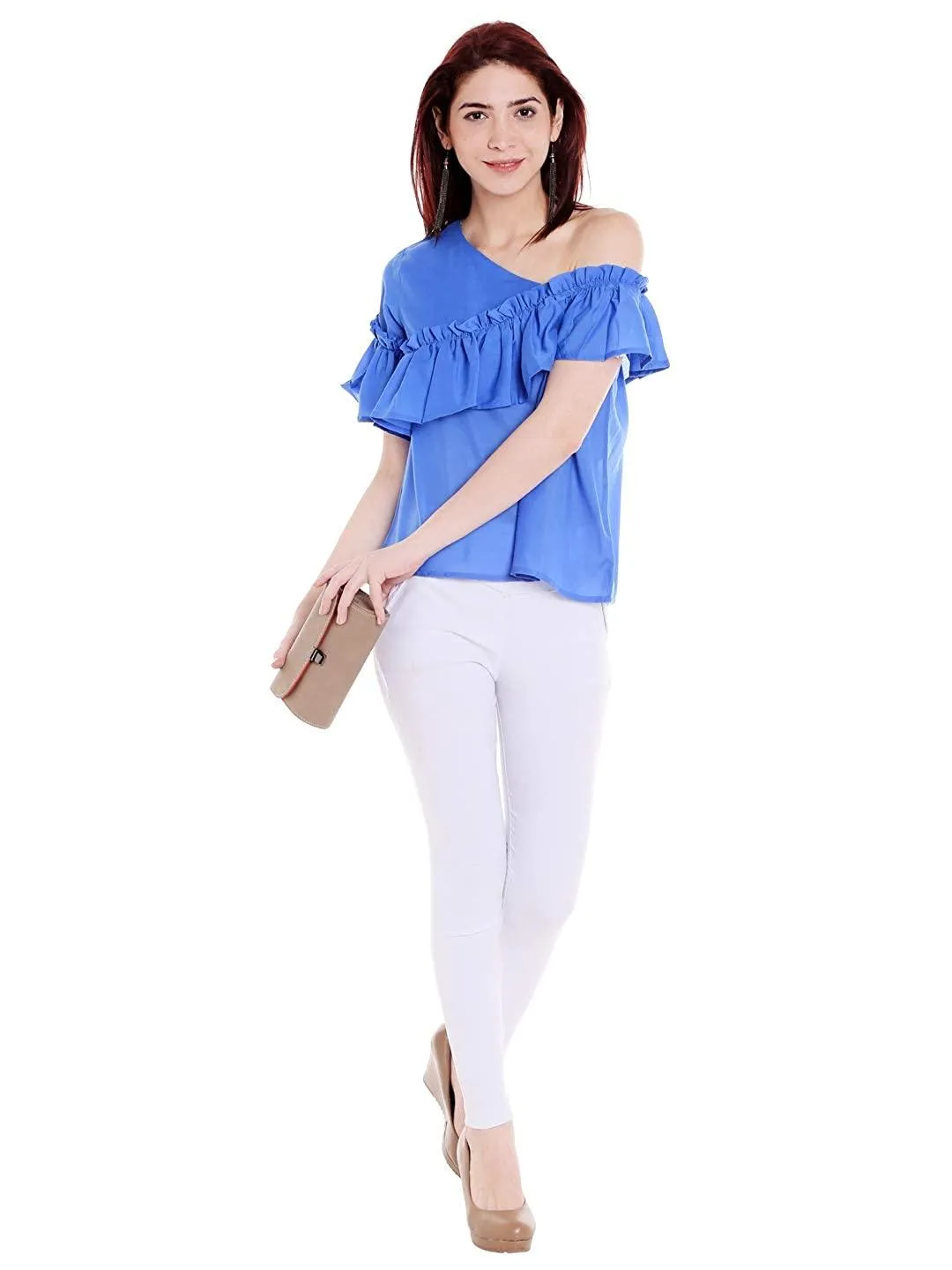 Style Quotient Women Blue One Shoulder Solid Fashion Tops