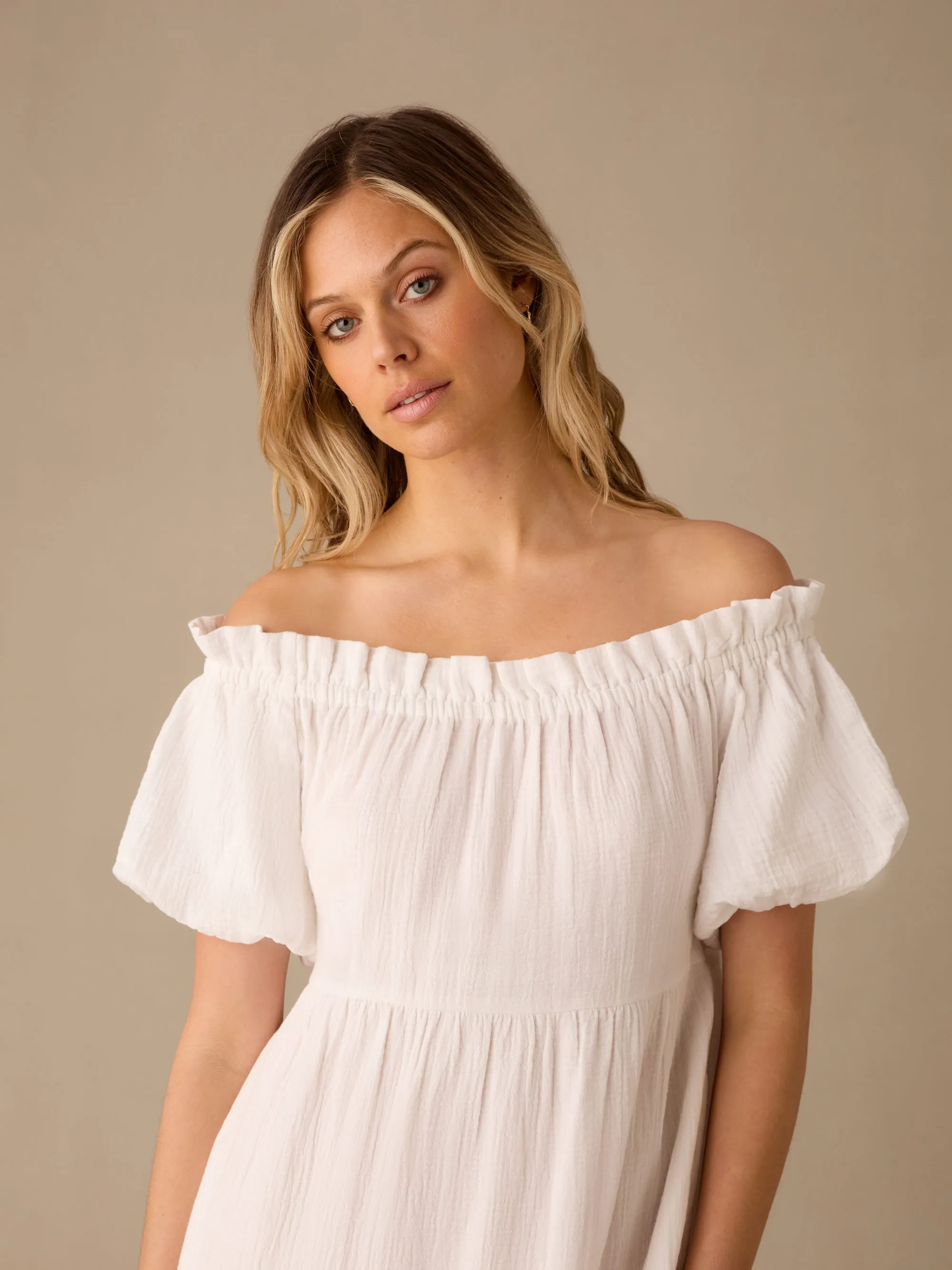 White Off Shoulder Cheesecloth Dress