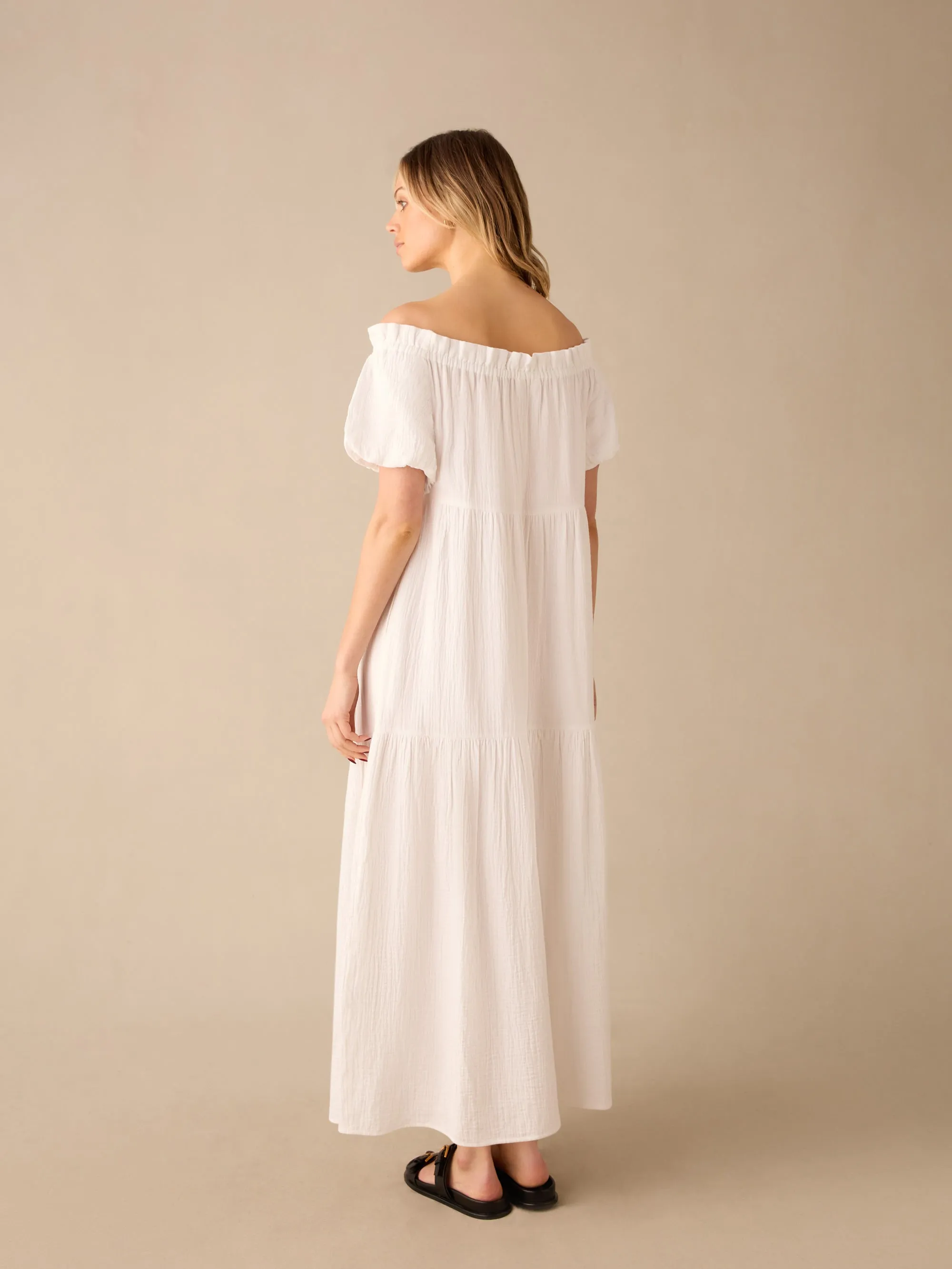 White Off Shoulder Cheesecloth Dress